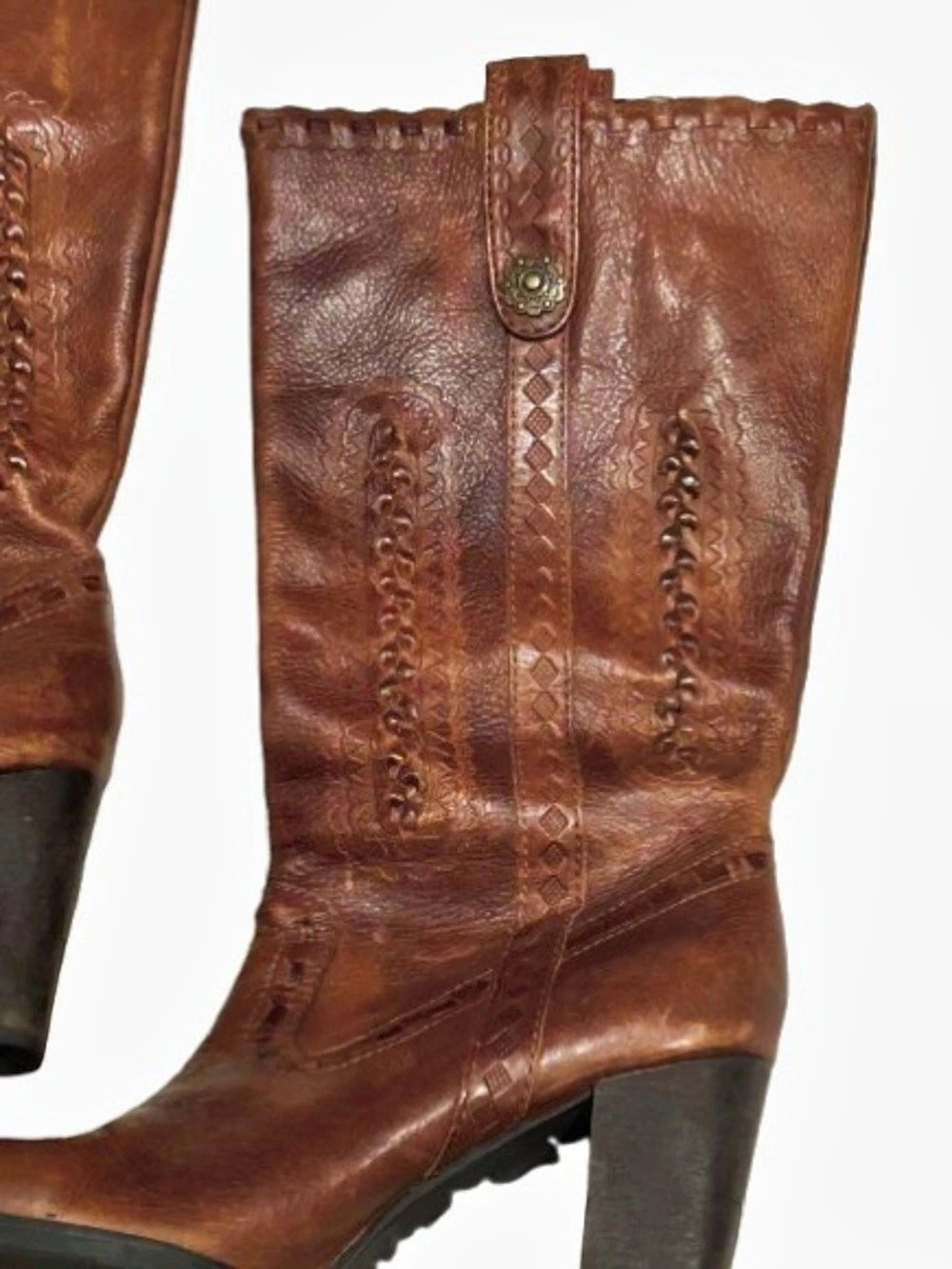 8.5 GIANNI BINI Brown Leather Tooled Floral Heeled Boots Cowgirl Bohemian